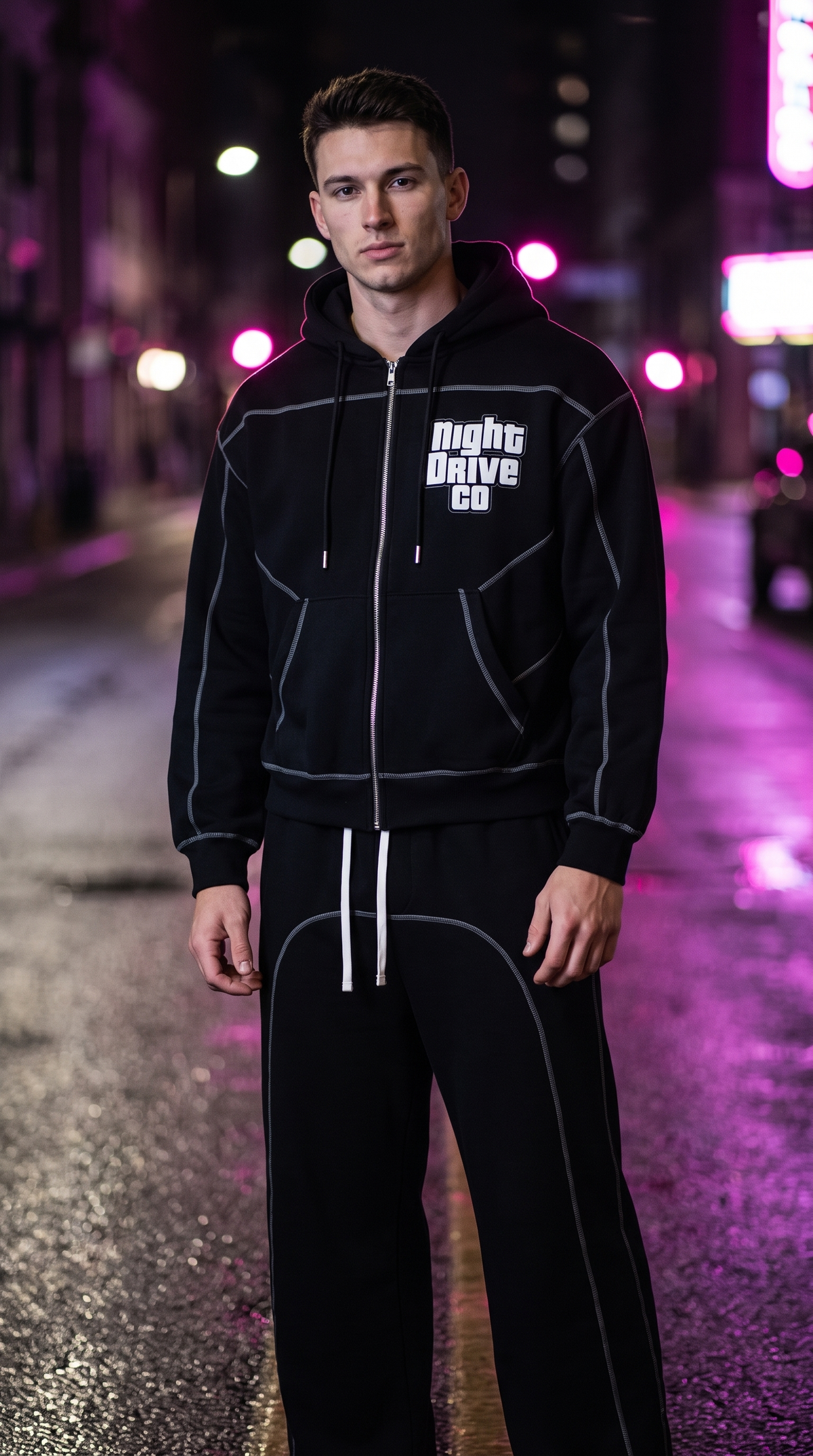 Contrast-Stitched Tracksuit Set — Zip Hoodie & Sweatpants