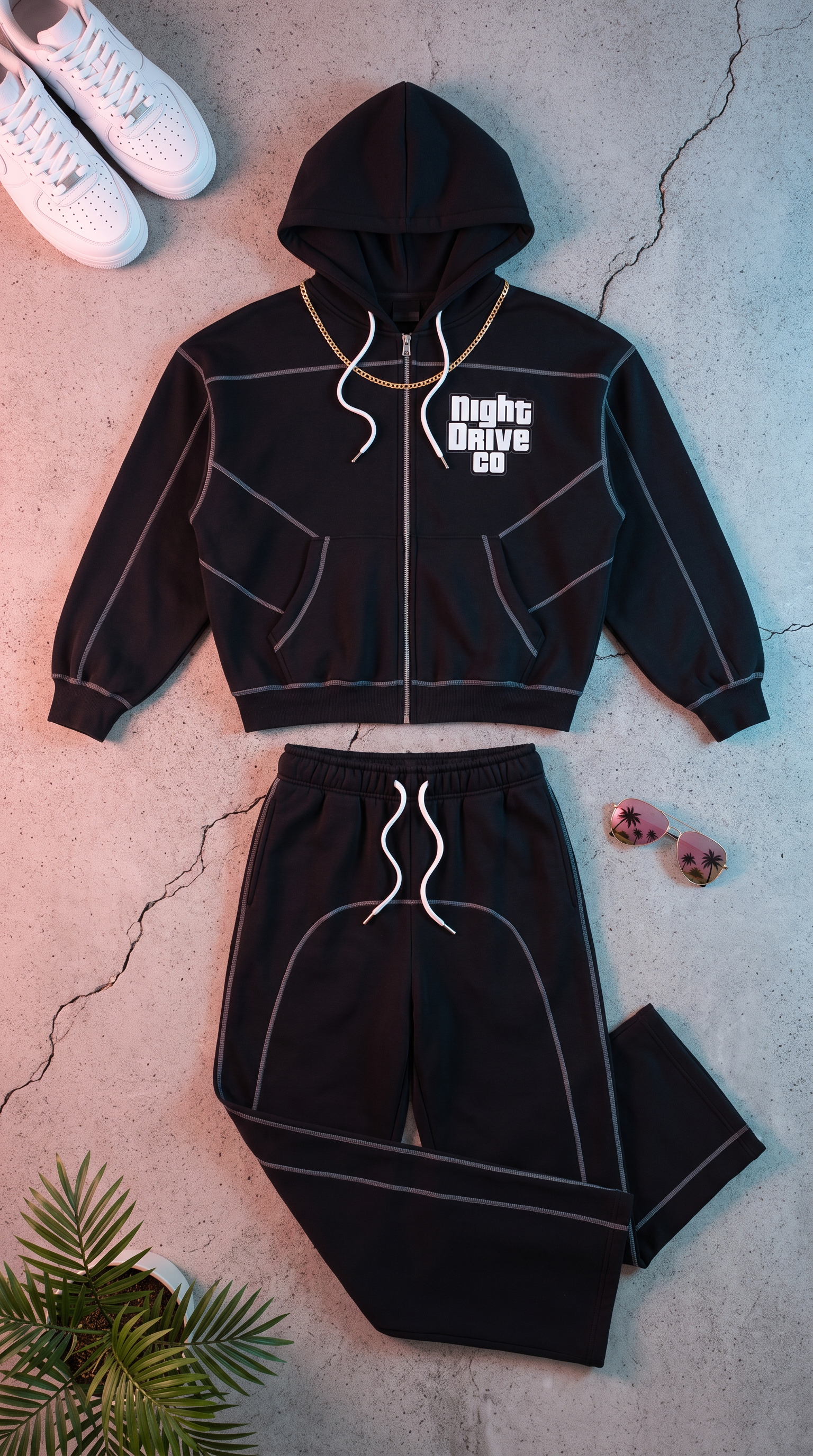 Contrast-Stitched Tracksuit Set — Zip Hoodie & Sweatpants